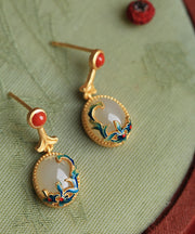 Vintage Yellow Copper Overgild Agate Enamel Drop Earrings