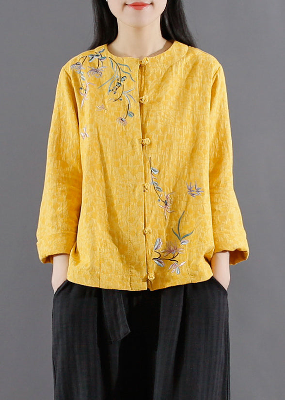 Vintage Yellow Embroidered Button Patchwork Cotton Coats Fall