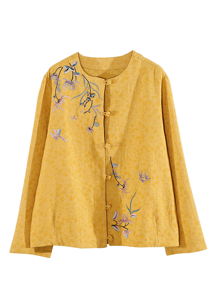 Vintage Yellow Embroidered Button Patchwork Cotton Coats Fall