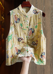 Vintage Yellow Embroidered Button Patchwork Silk Velour Waistcoat Sleeveless