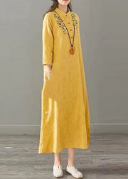 Vintage Yellow Embroidered Patchwork Cotton Long Dresses Fall