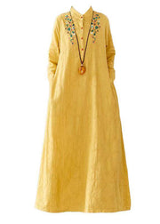 Vintage Yellow Embroidered Patchwork Cotton Long Dresses Fall