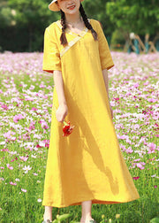 Vintage Yellow Embroidered V Neck Linen Vacation Dresses Short Sleeve