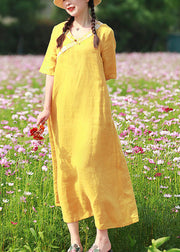 Vintage Yellow Embroidered V Neck Linen Vacation Dresses Short Sleeve
