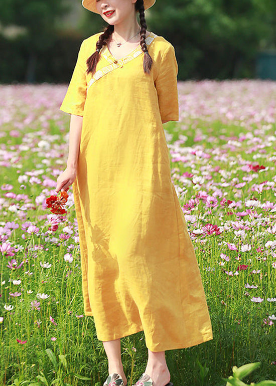 Vintage Gelb Bestickte V-Ausschnitt Leinen Urlaubskleider Kurzarm