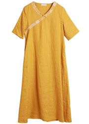 Vintage Gelb Bestickte V-Ausschnitt Leinen Urlaubskleider Kurzarm