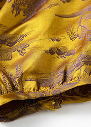 Vintage Gelb Jacquard Seite offen drapiert Seide Shirt Tops Kurzarm