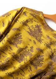 Vintage Yellow Jacquard Side Open Draping Silk Shirt Tops Short Sleeve