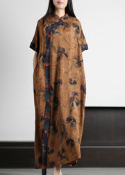 Vintage Yellow Mandarin Collar Print Silk Cheongsam Dress Short Sleeve