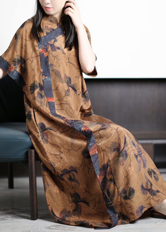 Vintage Yellow Mandarin Collar Print Silk Cheongsam Dress Short Sleeve