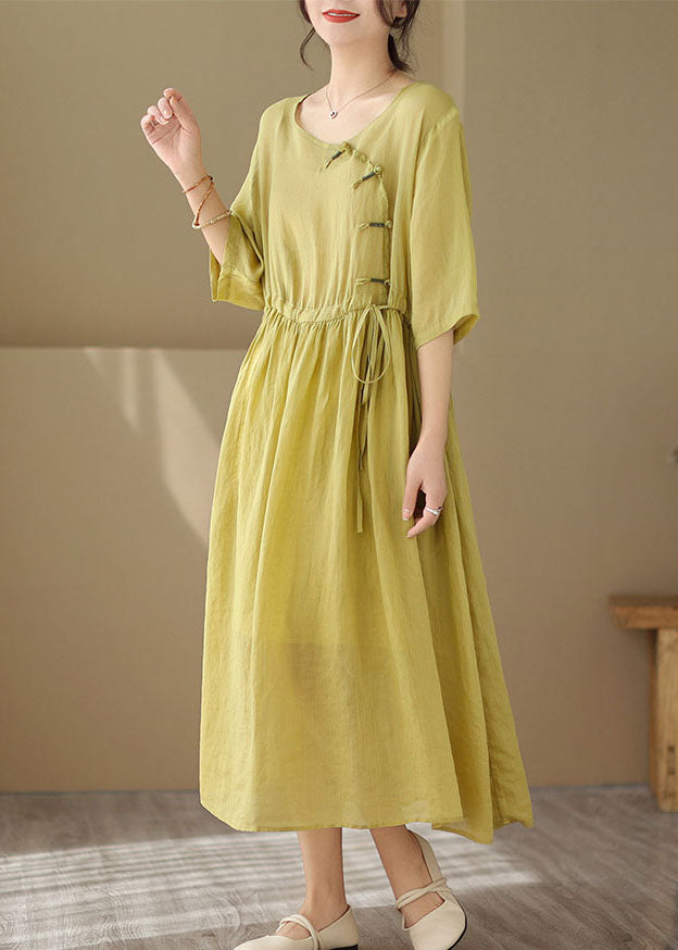 Vintage Yellow O Neck Chinese Button Patchwork Cotton Dresses Summer