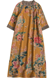 Vintage Yellow O-Neck Patchwork Print Silk Long Dress Caftan Bracelet Sleeve
