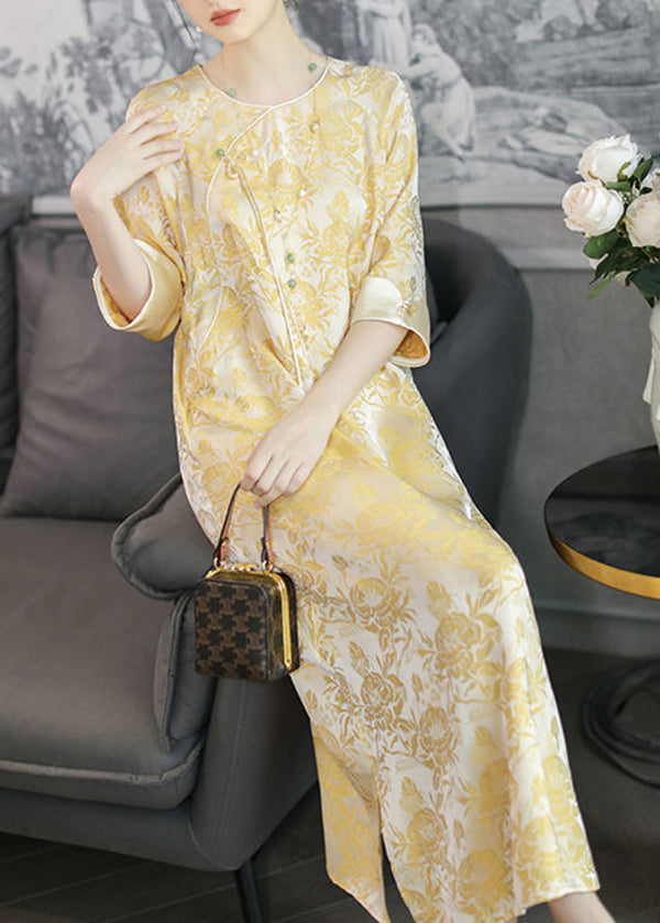 Vintage Yellow O Neck Tasseled Print Silk Dress Bracelet Sleeve