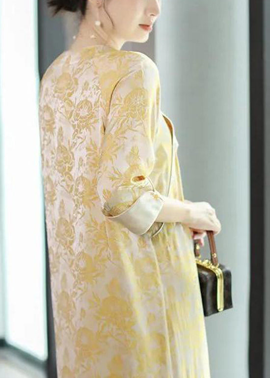 Vintage Yellow O Neck Tasseled Print Silk Dress Bracelet Sleeve