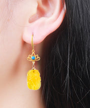 Vintage Yellow Overgild Beeswax Abver A Mythical Wild Animal Drop Earrings