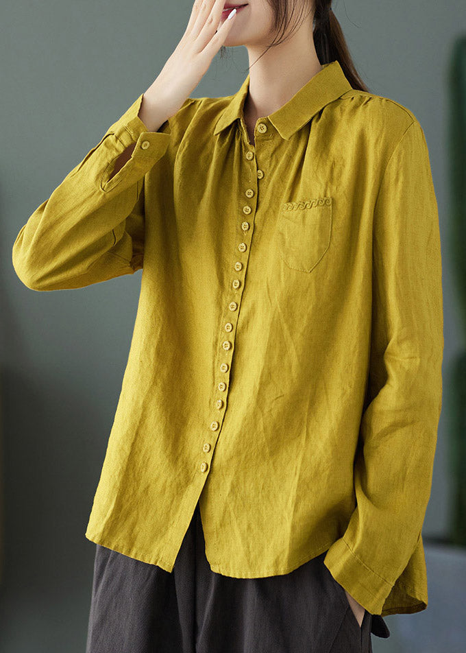 Vintage Yellow Peter Pan Collar Embroidered Linen Shirt Long Sleeve