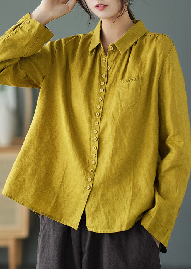 Vintage Yellow Peter Pan Collar Embroidered Linen Shirt Long Sleeve