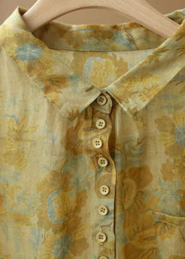 Vintage Yellow Peter Pan Collar Print Button Linen Blouse Tops Short Sleeve