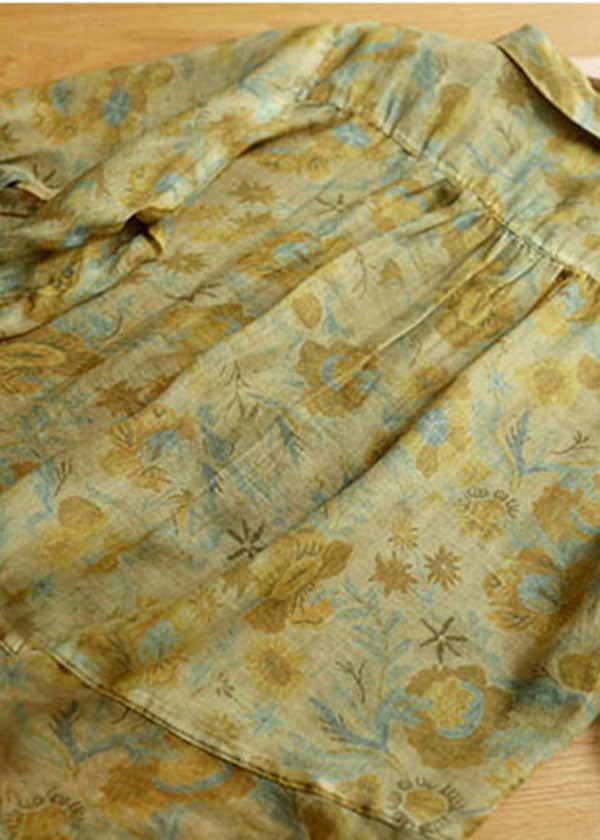 Vintage Yellow Peter Pan Collar Print Button Linen Blouse Tops Short Sleeve