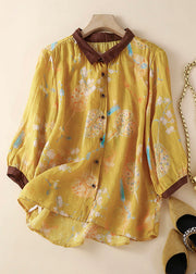 Vintage Yellow Peter Pan Collar Print Button Low High Design Linen Shirt Summer