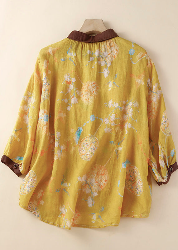 Vintage Yellow Peter Pan Collar Print Button Low High Design Linen Shirt Summer