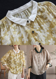 Vintage Yellow Peter Pan Collar Print Linen Shirt Long Sleeve