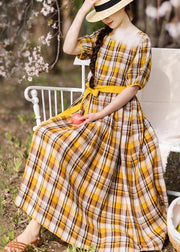 Vintage Yellow Plaid tie waist Mid Summer Linen Dress - SooLinen