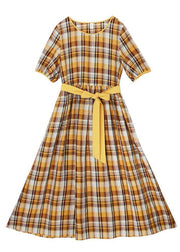 Vintage Yellow Plaid tie waist Mid Summer Linen Dress - SooLinen