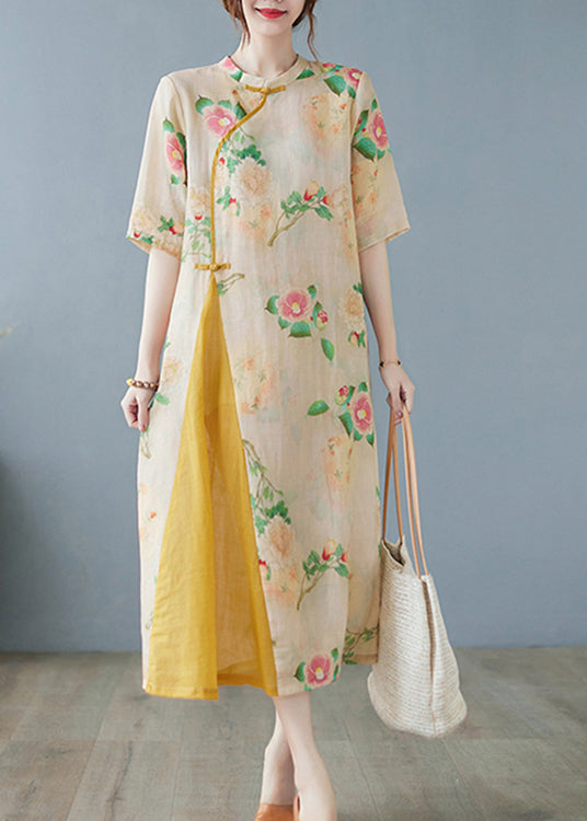 Vintage gelb bedrucktes Patchwork-Knopfleinen langes Kleid mit halben Ärmeln