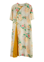 Vintage Yellow Print Patchwork Button Linen Long Dress Half Sleeve