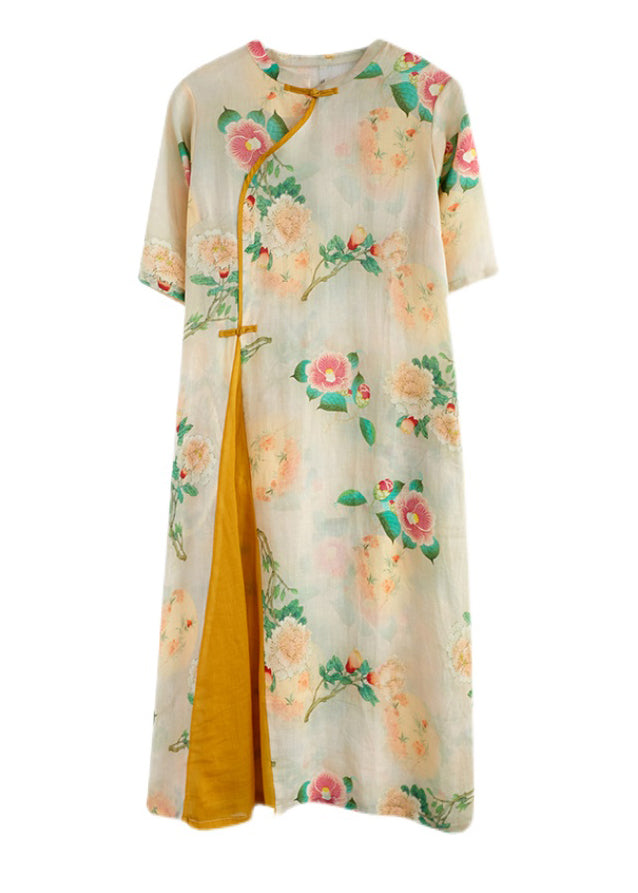 Vintage gelb bedrucktes Patchwork-Knopfleinen langes Kleid mit halben Ärmeln