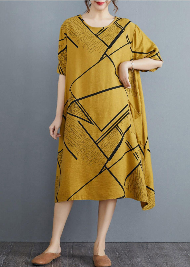 Vintage Yellow Print Pockets Cotton Linen Long Summer Dress - SooLinen