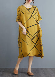 Vintage Yellow Print Pockets Cotton Linen Long Summer Dress - SooLinen