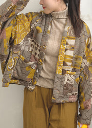 Vintage Yellow Print Pockets Patchwork Fine Cotton Filled Jackets Batwing Sleeve