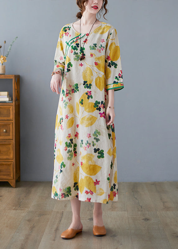Vintage Yellow Side Open O-Neck Print Cotton Loose Dress Three Quarter sleeve