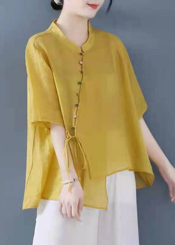 Vintage gelb solide Stehkragen asymmetrisches Design Shirt Top halbe Ärmel