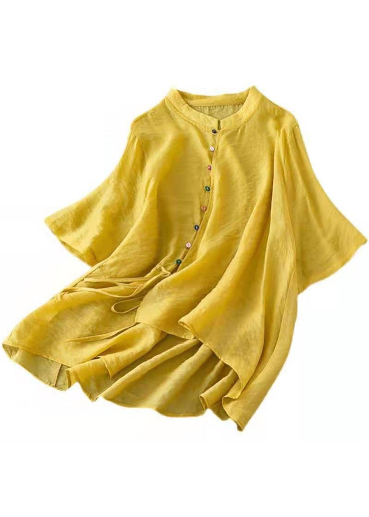 Vintage gelb solide Stehkragen asymmetrisches Design Shirt Top halbe Ärmel