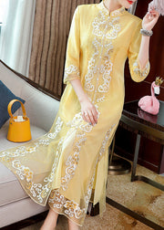 Vintage Yellow Stand Collar Embroidered Button Party Tulle Maxi Dress Long Sleeve