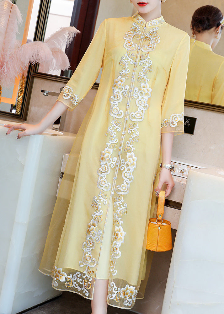 Vintage Yellow Stand Collar Embroidered Button Party Tulle Maxi Dress Long Sleeve
