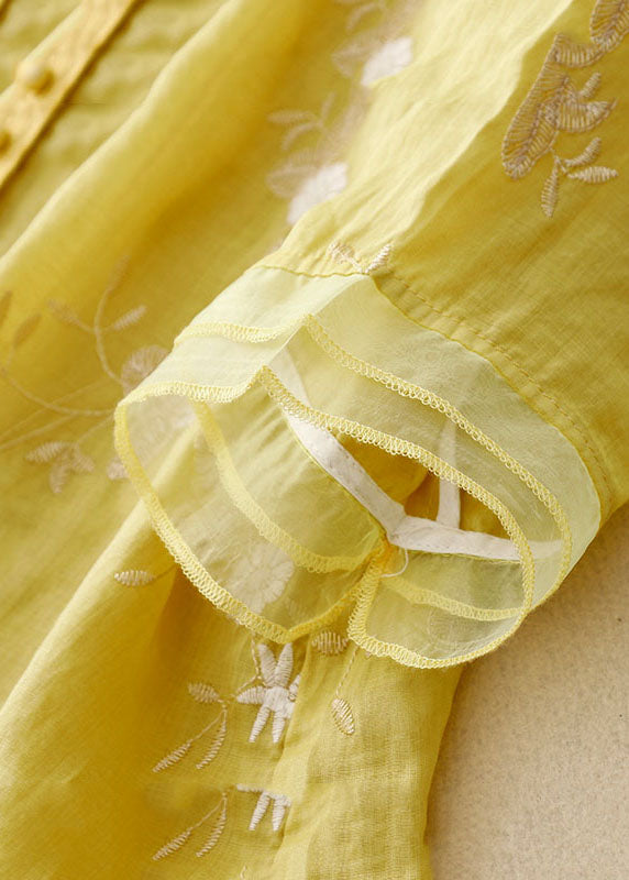 Vintage Yellow Stand Collar Embroidered Patchwork Cotton Shirts Bracelet Sleeve