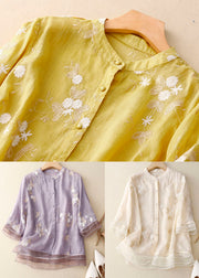 Vintage Yellow Stand Collar Embroidered Patchwork Cotton Shirts Bracelet Sleeve
