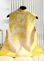 Vintage Yellow Stand Collar Jacquard Silk Top Sleeveless