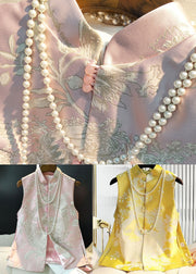 Vintage Yellow Stand Collar Jacquard Silk Top Sleeveless