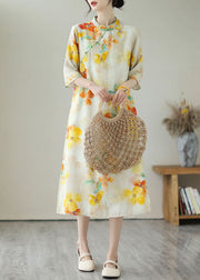 Vintage Yellow Stand Collar Print Button Patchwork Linen Dress Summer
