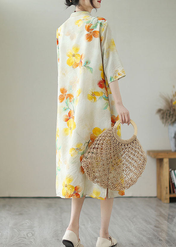 Vintage Yellow Stand Collar Print Button Patchwork Linen Dress Summer