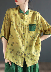 Vintage Yellow Stand Collar Print Button Ramie Shirts Half Sleeve