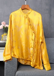 Vintage Yellow Stand Collar button Jacquard Silk tops Spring