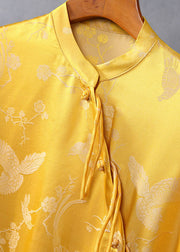 Vintage Yellow Stand Collar button Jacquard Silk tops Spring