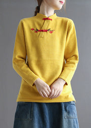 Vintage Yellow Stand Collar low high design Embroidered Knit Sweater Spring