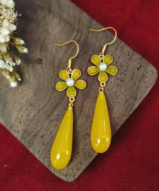 Vintage Yellow Sterling Silver Overgild Zircon Pearl Enamel Floral Drop Earrings